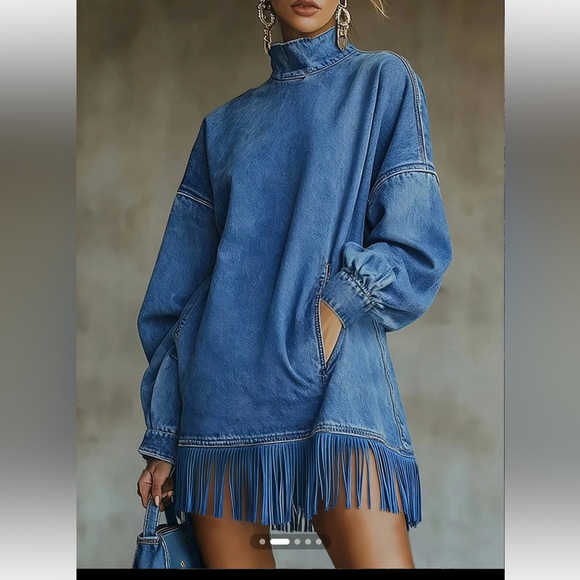 STYLEWE Dresses & Skirts - NWT Stylewe Denim Fringe Mock Neck Tunic Dress - Medium